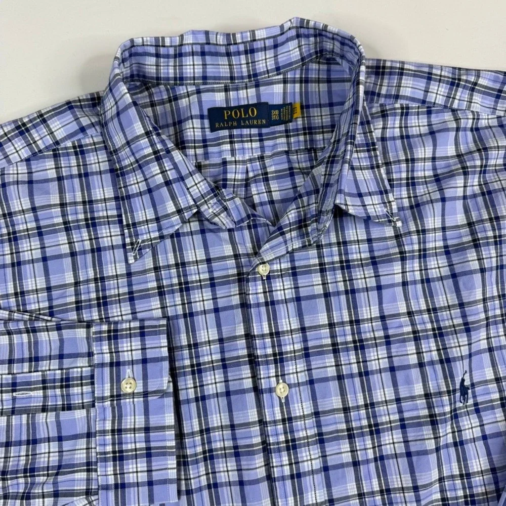 Polo Ralph Lauren Button Down Mens 3XB Blue Plaid Stretch Long Sleeve Pony Logo
